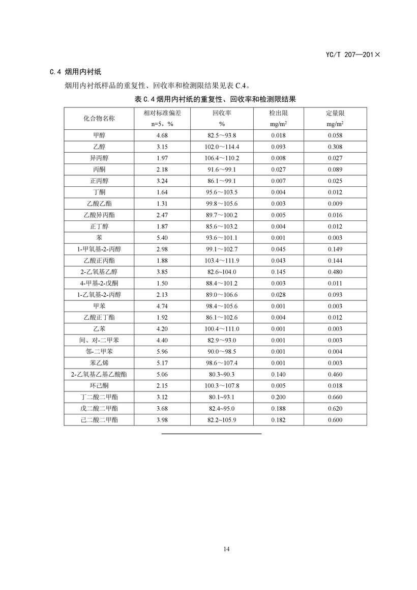 YCT_207-2014_煙用紙張中溶劑殘留的測定頂空-氣相色譜質譜聯用法